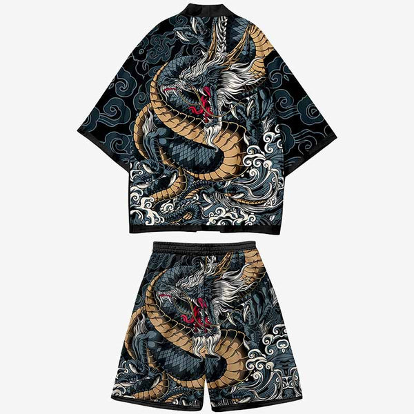 Ensemble avec kimono haori et un short japonais au motif de dragon