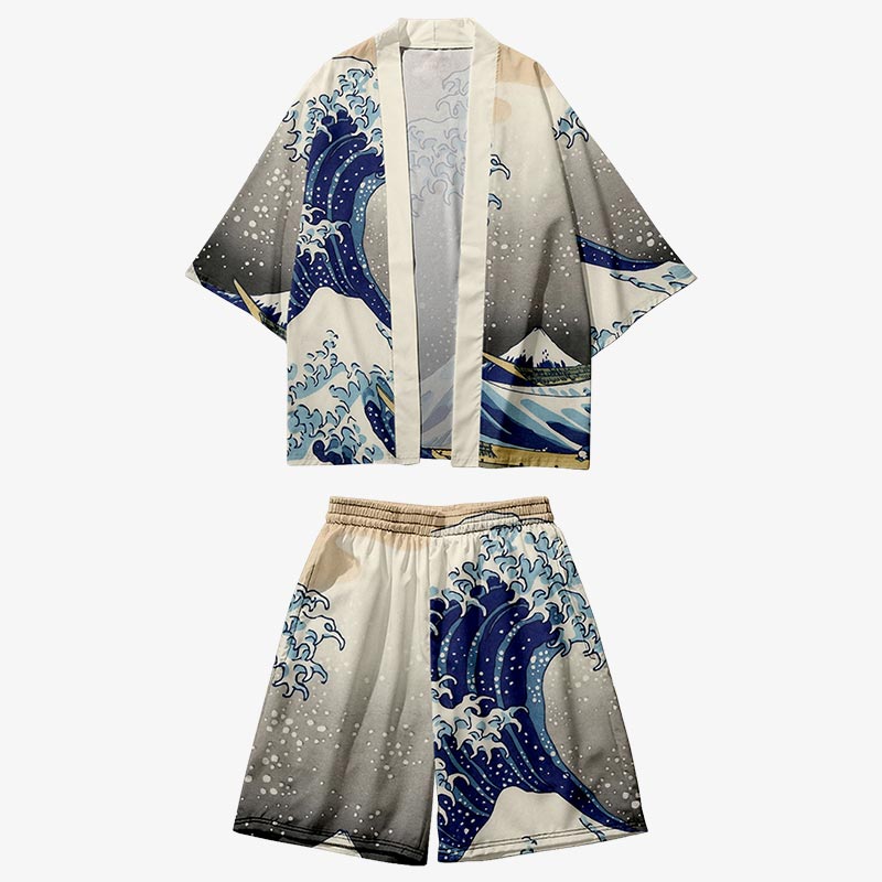 ensemble kimono du japon avec une veste kimono et un short aux couleurs de la vague japonaise de kanagawa