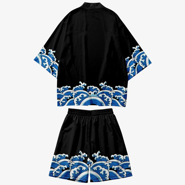 Ensemble kimono short de couleur noir avec des motifs vagues japonaises