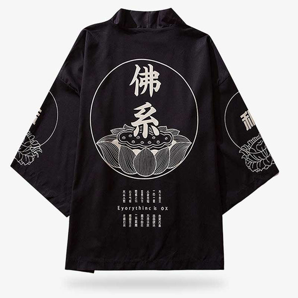 Un haori kimono japonais Kyoto de couleur noir avec un design kanji et une fleur de lotus