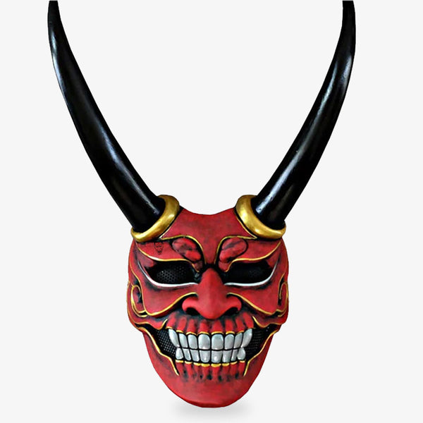 Ce masque demoniaque est inspiré du masque Oni. C'est un ogre et monstra du folklore japonais. Le masque fait main est peint en rouge avec de la dourure sur les extremité. Le masque japonais a des grandes cornes noires