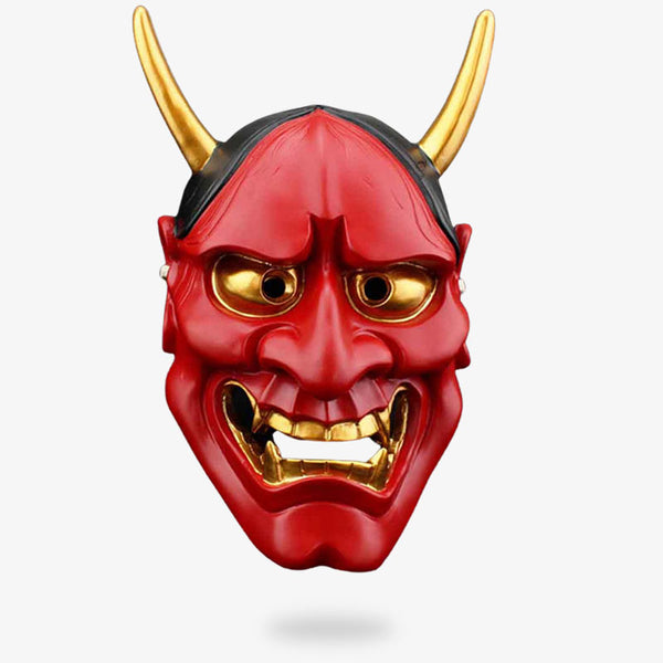 Le masque diable japonais est un visage de démon Oni avec des cornes de couleur doré. Le masque est de couleur rouge avec des dents et des crocs. C'est le visage du démon japonais Hannya. Le masque est en réside de qualité