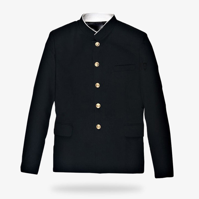 La veste veste uniforme japonais homme homme s'appelle un Gakuran. C'est un habit d'étudiant de couleur noire. Elle est de couleur noir avec des boutons dorés