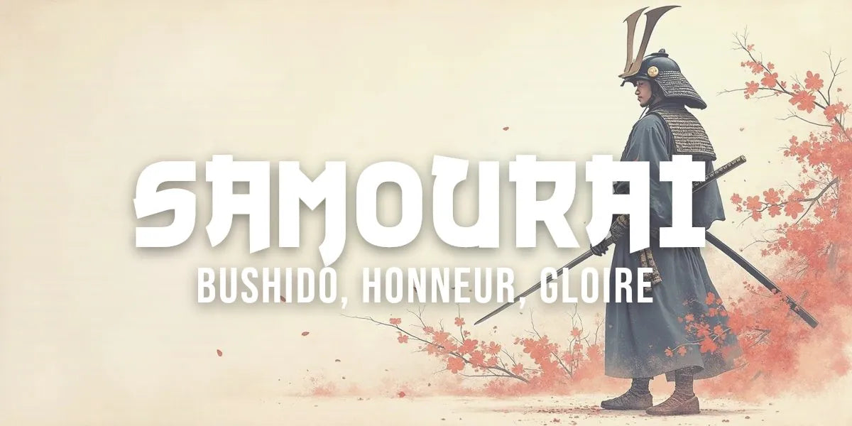 Illustration d'un guerrier samouraï en armure au style ukiyo-e incarnant la légende féodale japonaise
