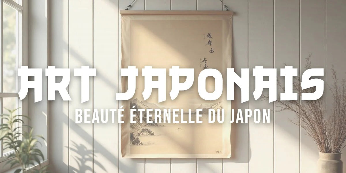 Estampe ukiyo-e accrochée légèrement de biais, papier washi patiné, lumière rasante sur les contours noirs de l'impression.