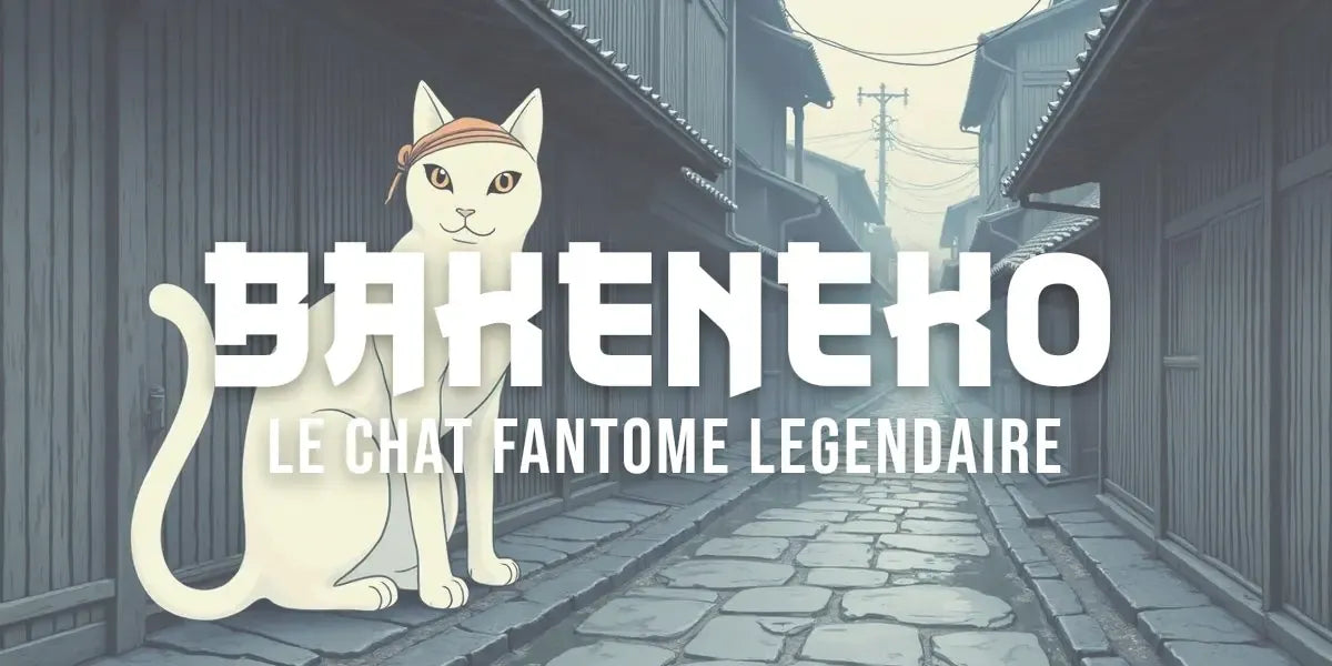 Bakeneko, chat fantôme au tenugui noué sur la tête, dans une ruelle d'Edo la nuit