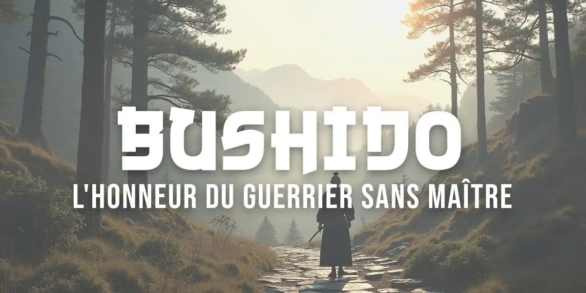 Samouraï vu de dos sur un sentier de montagne à l'aube, katana à la ceinture