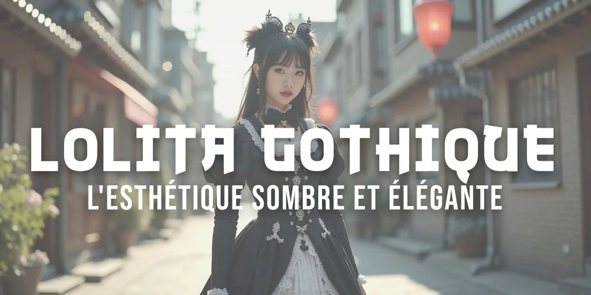 Jeune femme en robe Lolita gothique noire avec dentelle et croix dans une rue urbaine