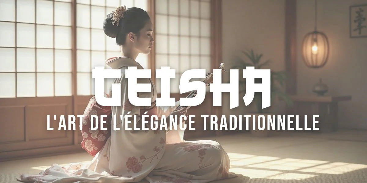 Geisha en kimono élaboré joue du shamisen à la lumière douce d'une salle de tatami.