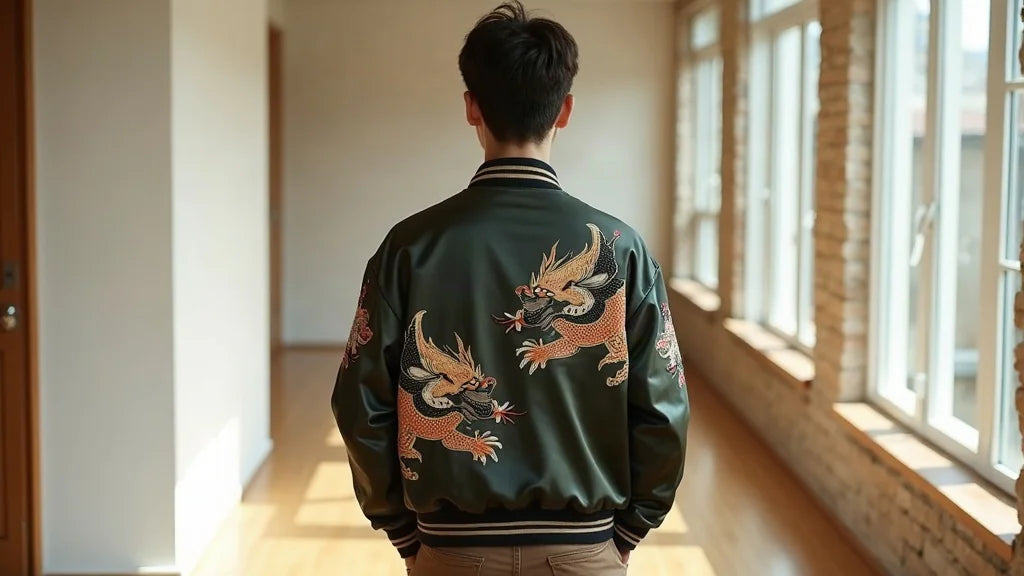 Sukajan brodé porté dans une rue urbaine japonaise avec motifs dorsaux visibles.