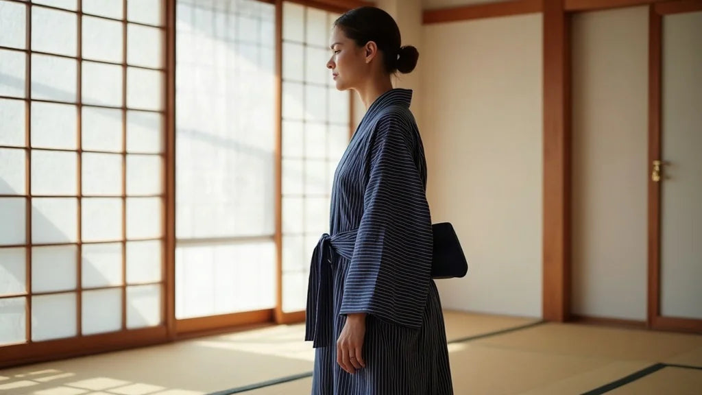 Femme en kimono traditionnel indigo dans une pièce tatami avec lumière naturelle