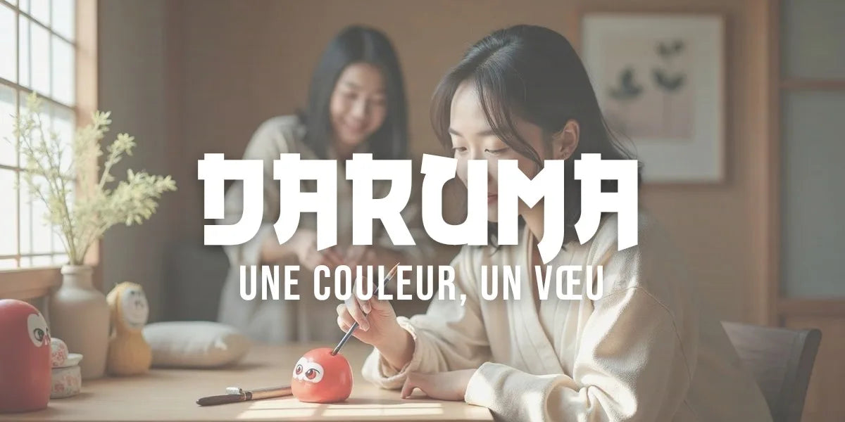 Femme peignant l'oeil d'un daruma rouge posé sur un bureau, à côté d'un daruma doré