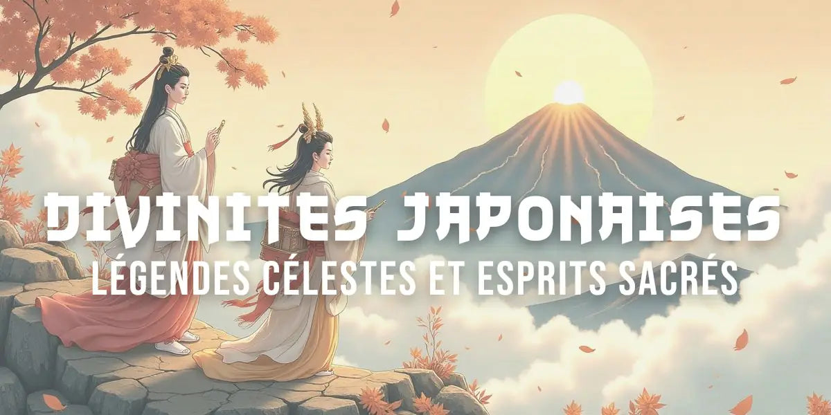 Estampe représentant des divinités shinto — Amaterasu, Raijin et Fujin — parmi des nuages dorés
