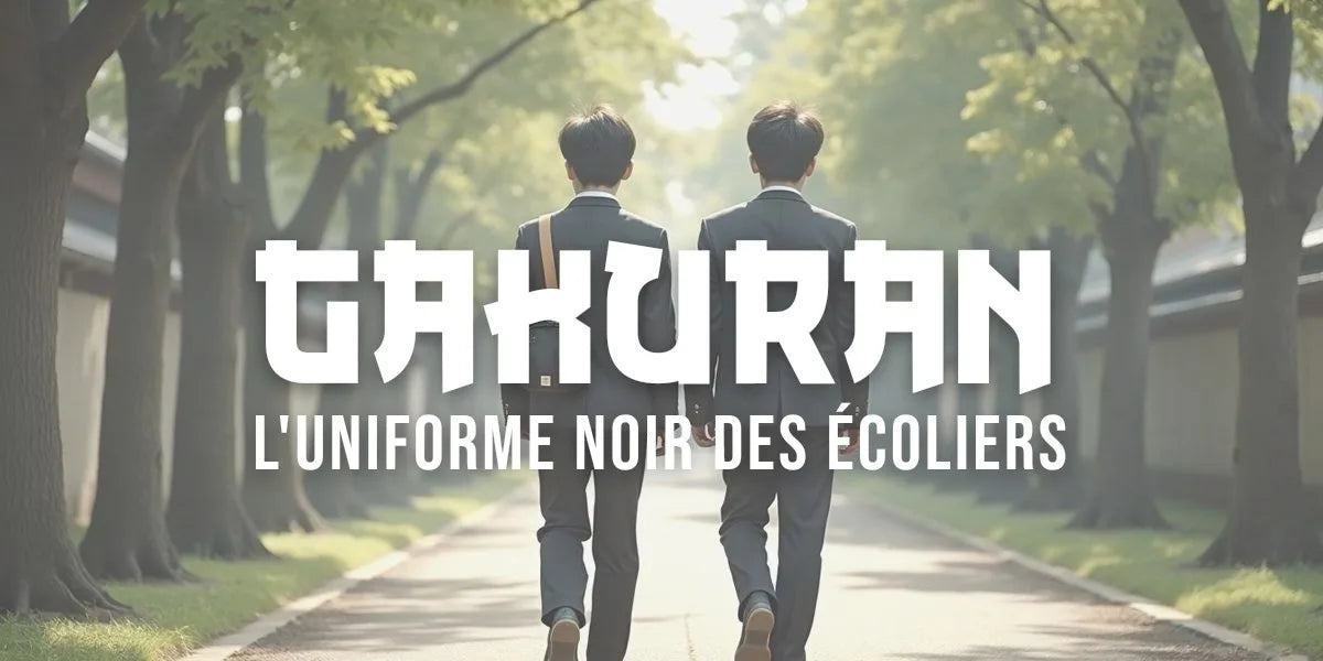Deux lycéens japonais en gakuran noir à col montant marchent dans une allée arborée