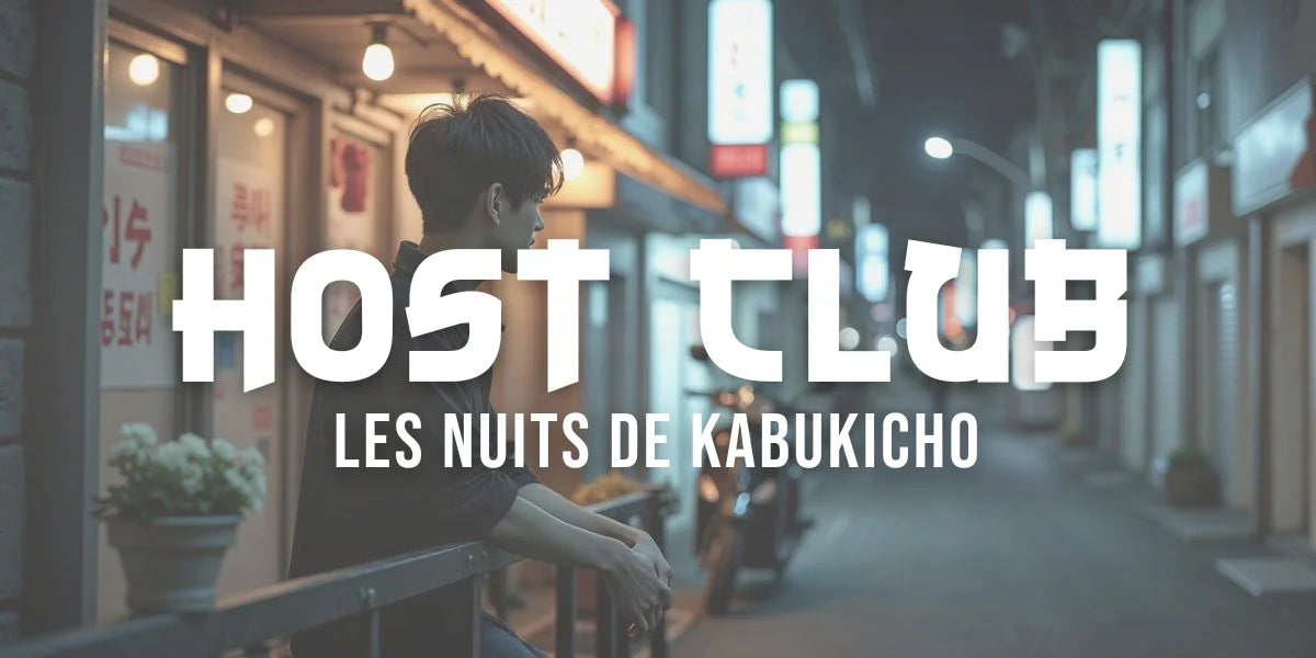 Jeune host japonais en chemise noire cintree, coiffure volumineuse, dans une ruelle de Kabukicho la nuit