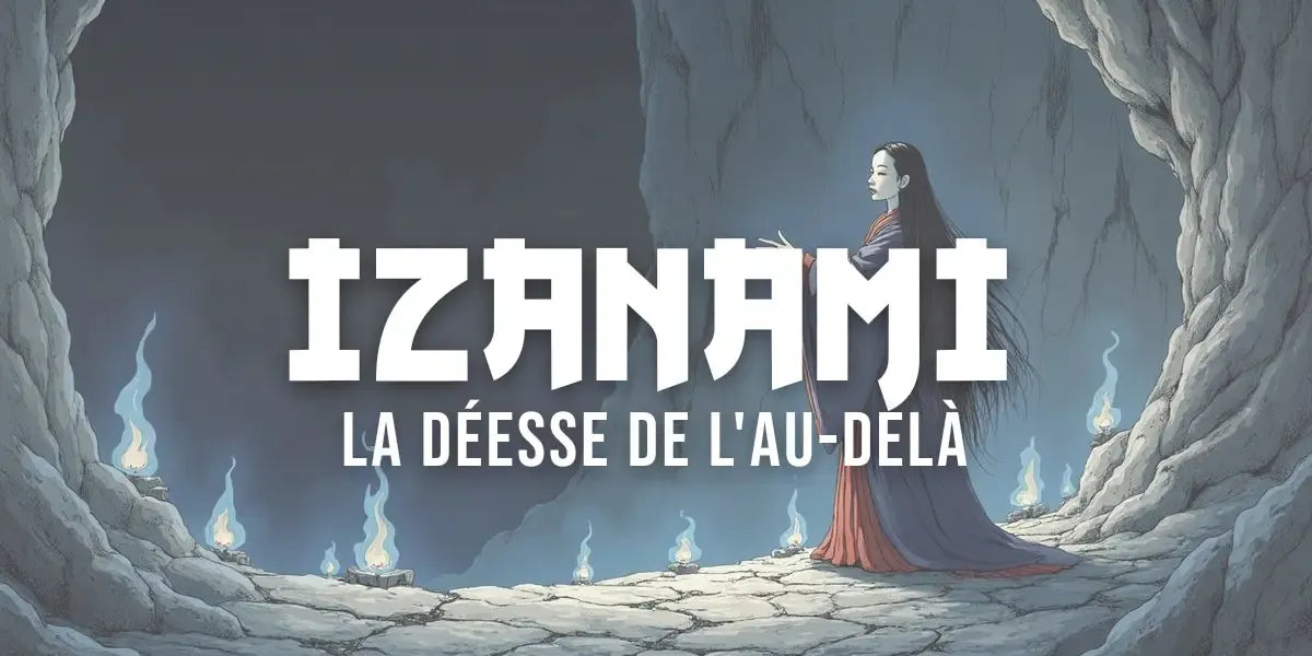 Illustration à la manière d'une estampe : la déesse Izanami dans les ténèbres de Yomi, le royaume japonais des morts