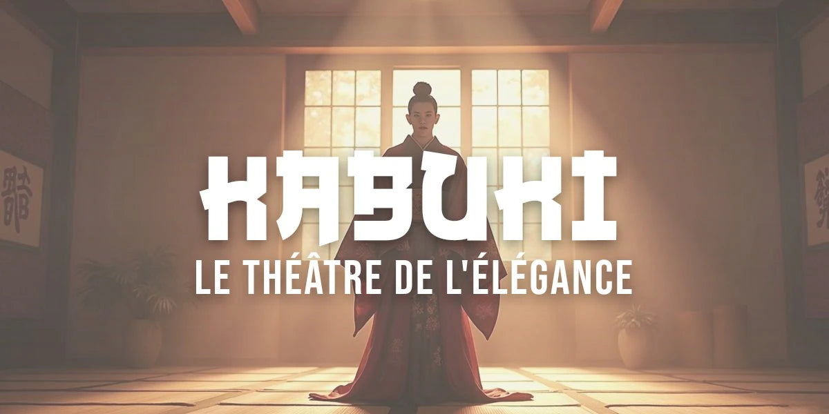 Acteur de kabuki en costume traditionnel sous les lumières de scène, maquillage blanc et motifs rouges distinctifs