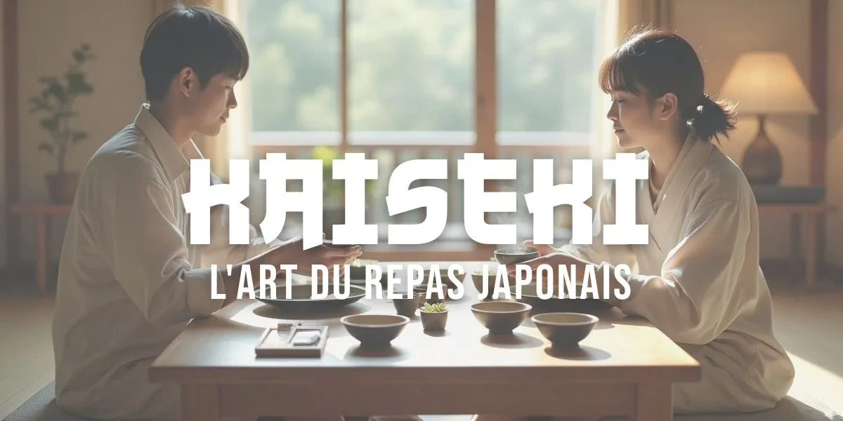 Repas kaiseki japonais servi en plusieurs petits plats de saison sur une table basse en bois