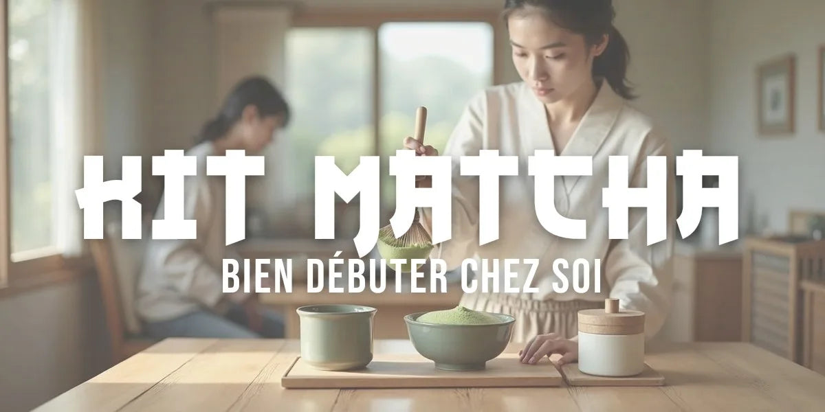 Kit matcha pour débutant avec bol chawan, fouet en bambou chasen et cuillère chashaku posés sur une table en bois