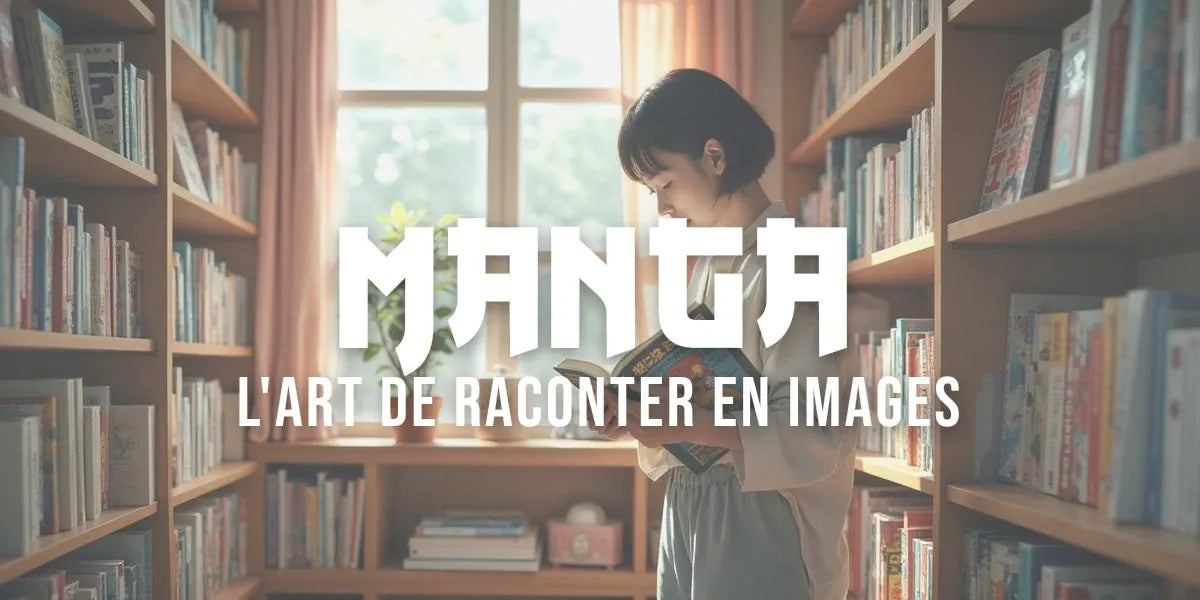 Lecteur consultant un manga dans une librairie nipponne aux rayons colorés de bandes dessinées