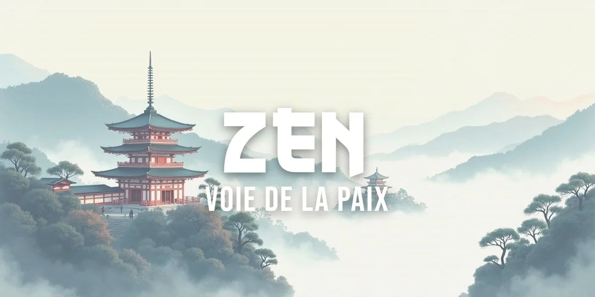 Temple zen entouré de montagnes brumeuses, peinture sumi-e encre traditionnelle, style art japonais.