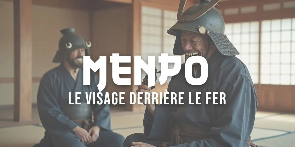 Deux pratiquants en armure manipulent un masque samouraï menpo en fer laqué, dojo lumineux