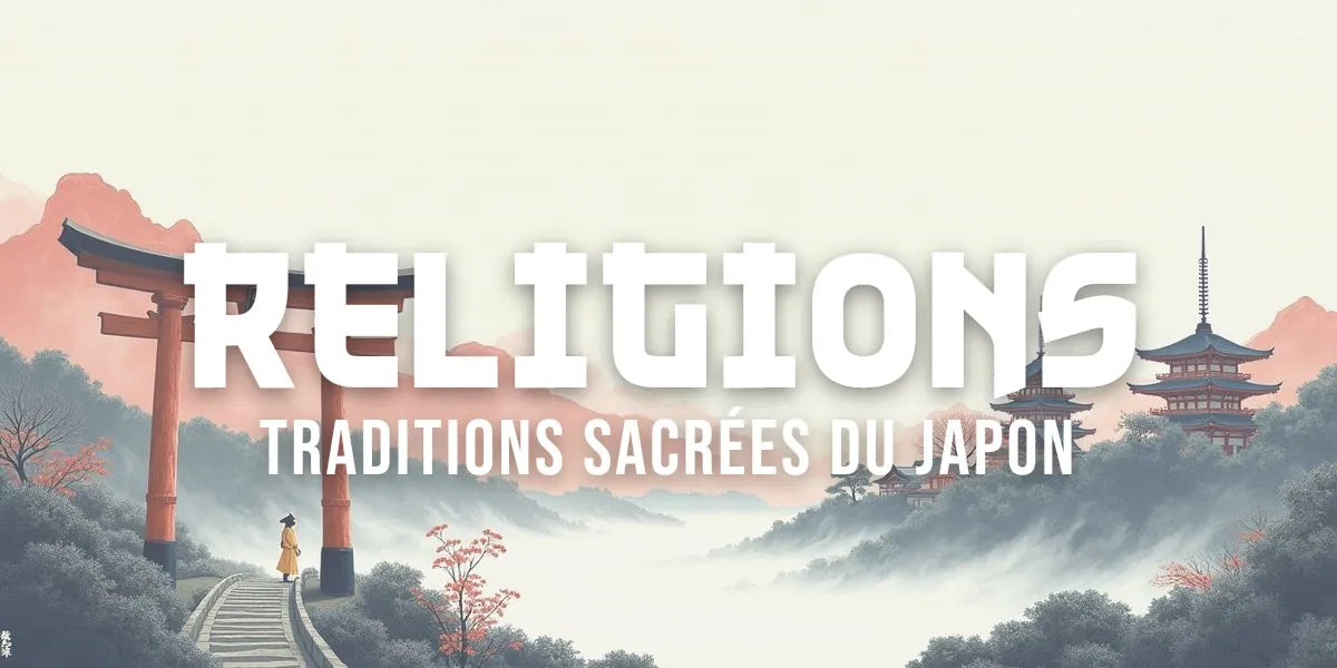 Estampe montrant montagne sacrée, torii et pagode symbolisant le bouddhisme et shintoïsme