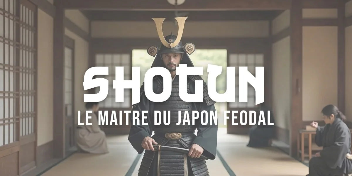 Homme en armure de samouraï et casque doré, katana à la ceinture, château japonais