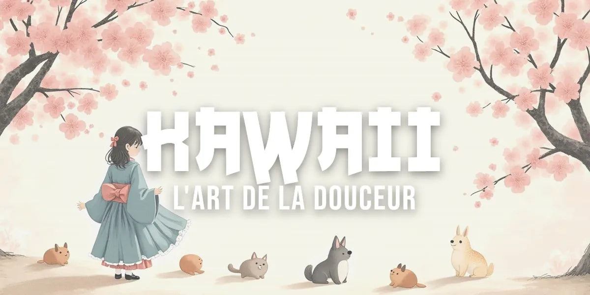 Illustration estampe ukiyo-e avec créatures adorables, fleurs rondes et motifs kawaii dans le style traditionnel