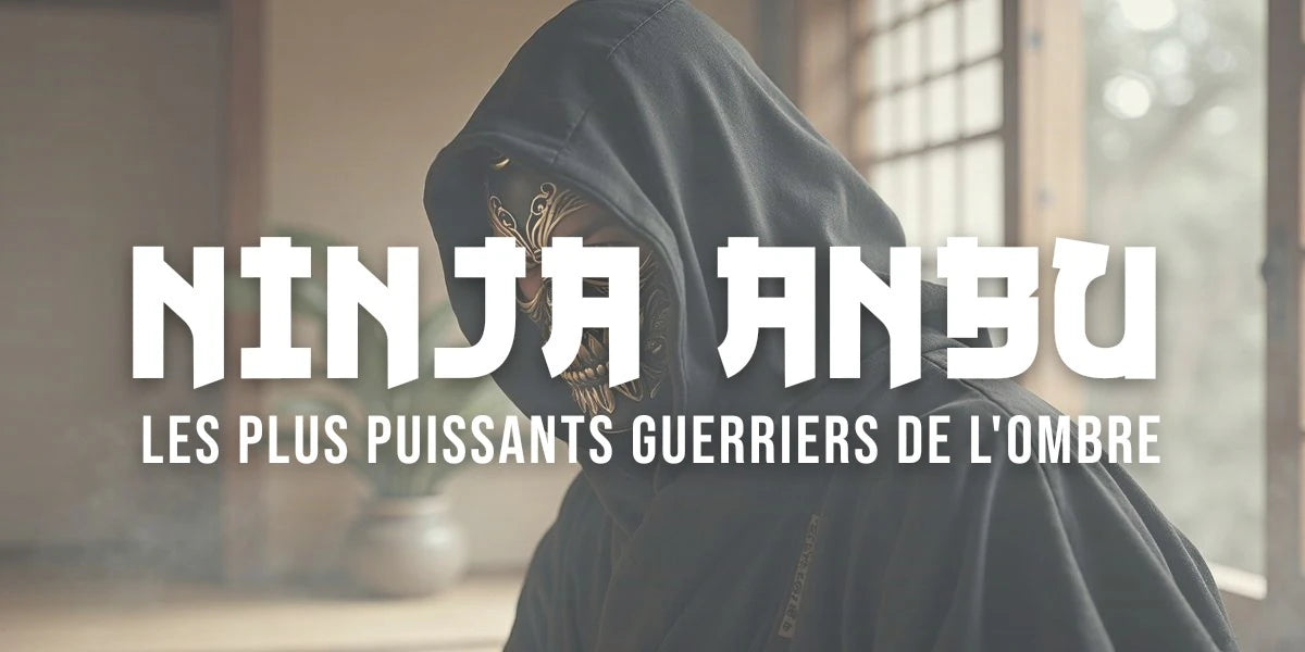 Peinture sumi-e représentant un ninja Anbu masqué surgi des ténèbres, symbole de pouvoir guerrier