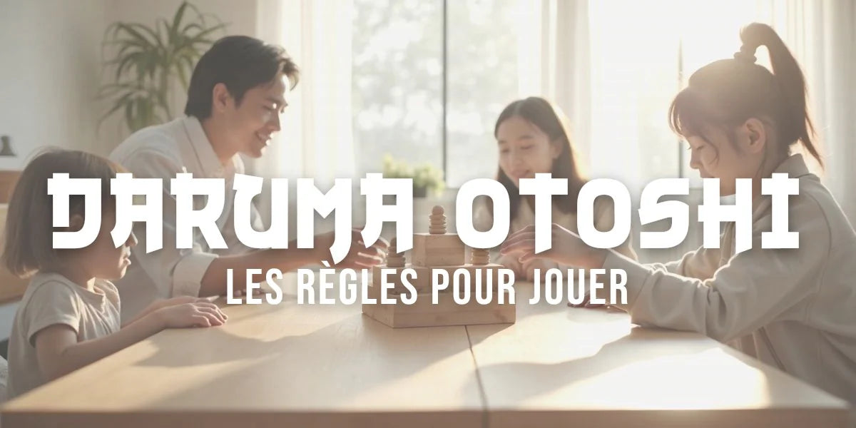 Famille jouant au Daruma Otoshi autour d'une table basse dans un salon minimaliste et lumineux