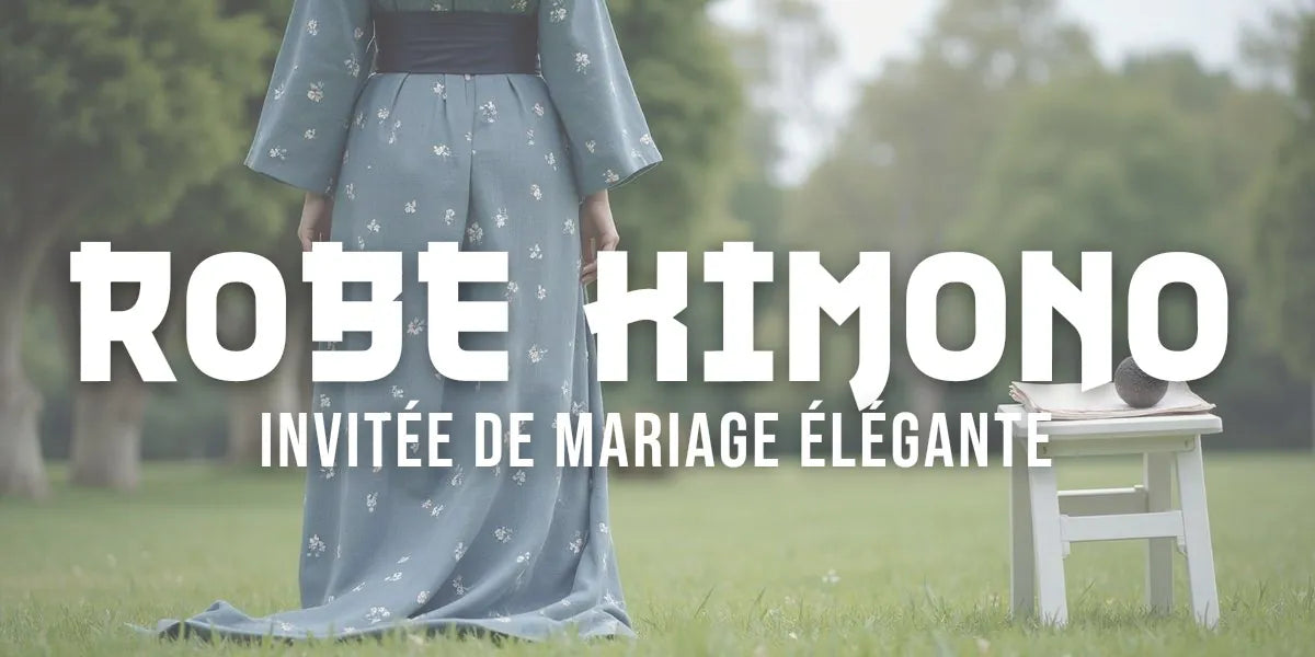 Invitée de mariage en robe kimono japonaise longue indigo à petits motifs sakura, ceinture obi nouée à la taille, dans un jardin