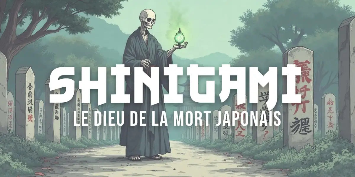 Estampe représentant un shinigami tenant une lanterne dans un cimetière japonais aux stèles de pierre