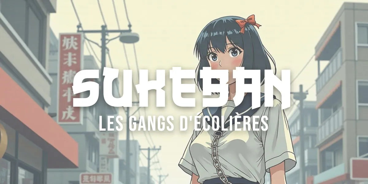 Illustration manga vintage années 70 : sukeban en uniforme scolaire modifié sur une rue de Tokyo