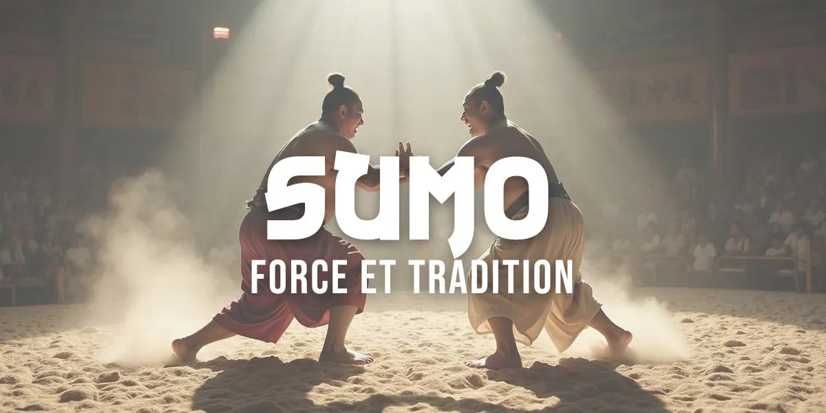 Deux lutteurs de sumo en combat sur le dohyo lors d'une compétition traditionnelle japonaise