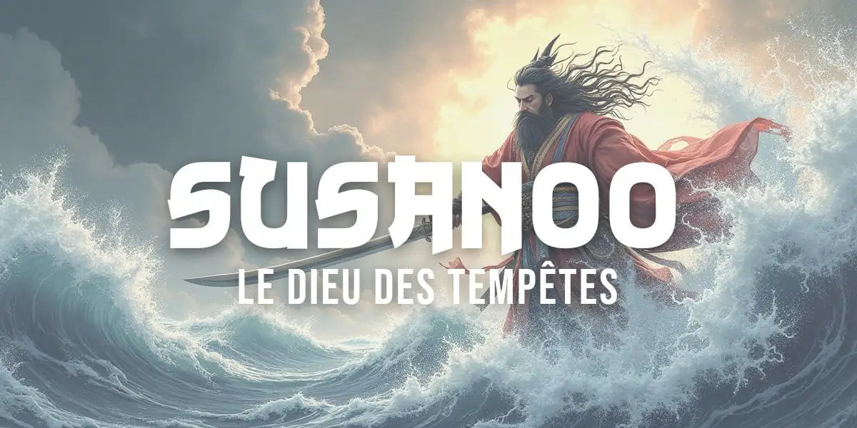 Susanoo en armure de guerrier, épée Kusanagi levée, entouré de nuages d'orage et d'éclairs