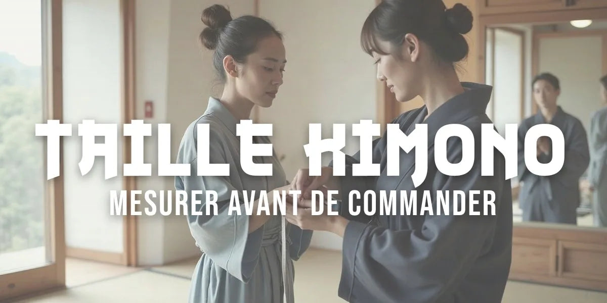 Femme prenant ses mesures avec un metre ruban devant un kimono japonais en indigo pose sur le tatami