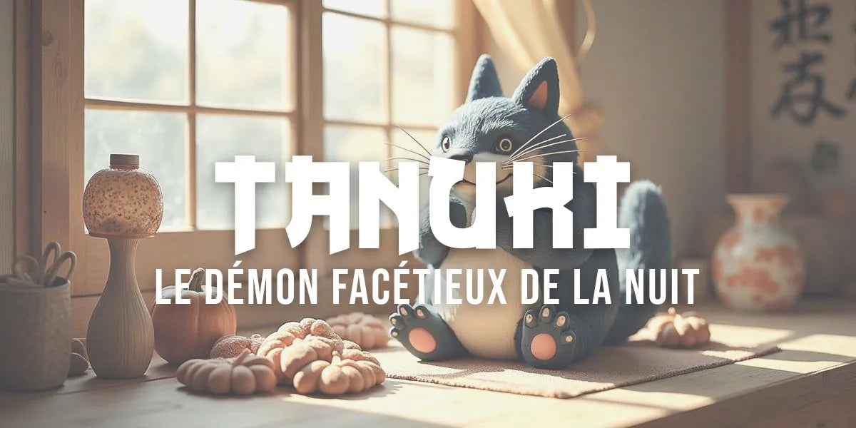 Tanuki fantaisiste en estampe ukiyo-e, ventre rebondi et expression malicieuse, style traditionnel japonais