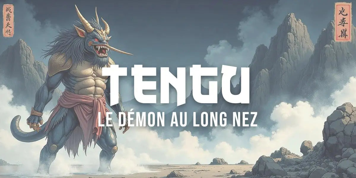 Tengu aux traits féroces et long nez dans un style d'encre sumi-e traditionnel