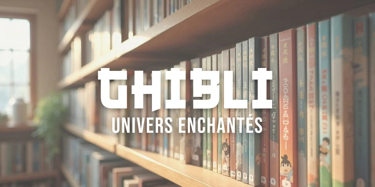 Boîtes DVD et Blu-ray du Studio Ghibli alignées sur une étagère en bois naturel, lumière ambrée