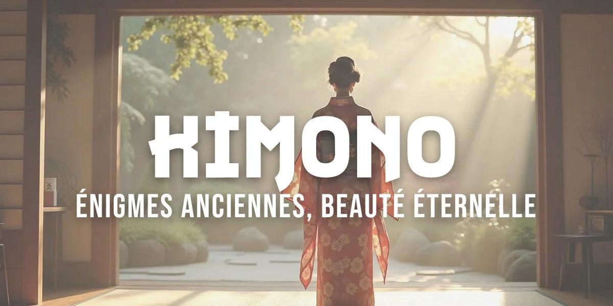 Personne vue de dos en kimono traditionnel dans un jardin illuminé, détails visibles des motifs et couches du vêtement