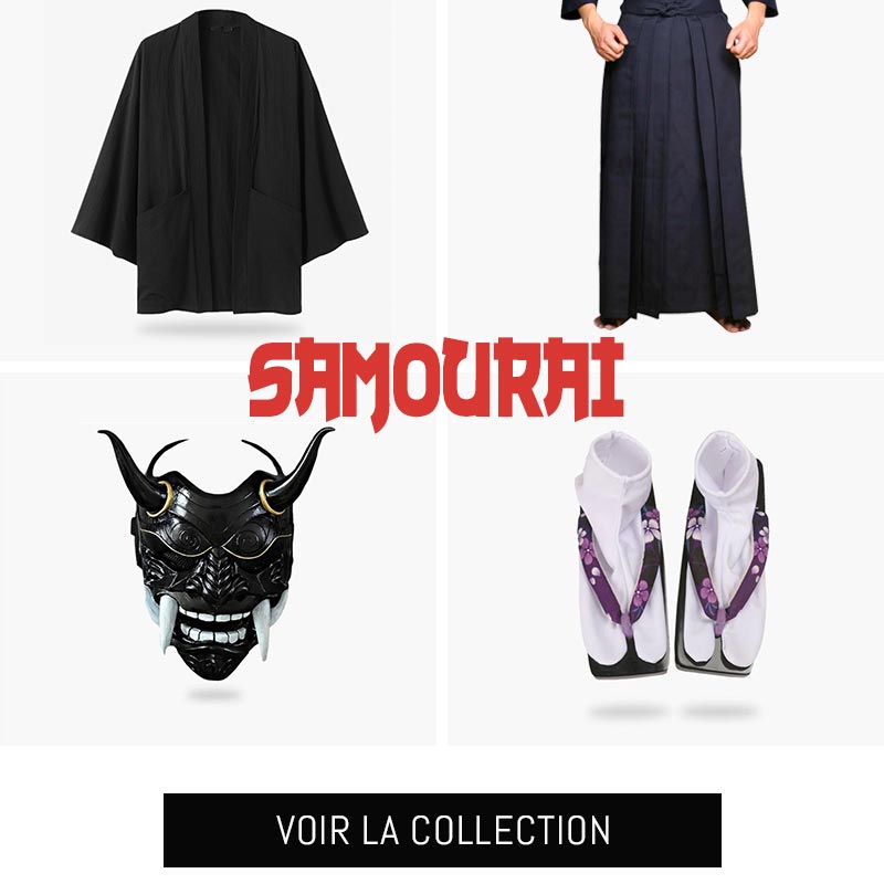 tenue samourai avec un kimono homme, un hakama des chaussettes tabi et un masque samourai