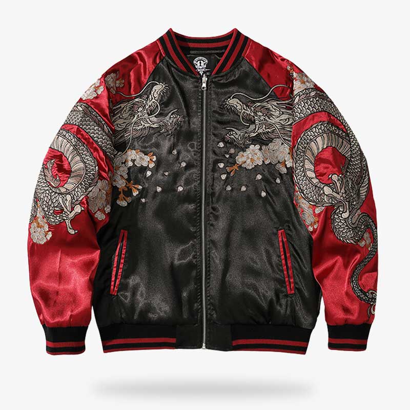 Cette veste sukajan est un bomber japonais rouge avec deux motis de dragons brodés sur les épaules