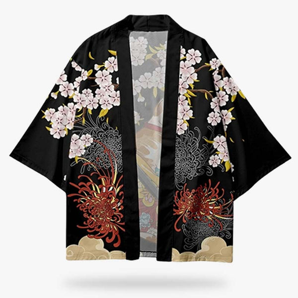 CE haori kimono japonais est une veste qui se porte par dessus un Yukata. La couleur du tissu est noir avec des imprimés de fleurs japonaises comme le sakura et le lycoris radiata ( la fleur de tokyo ghoul