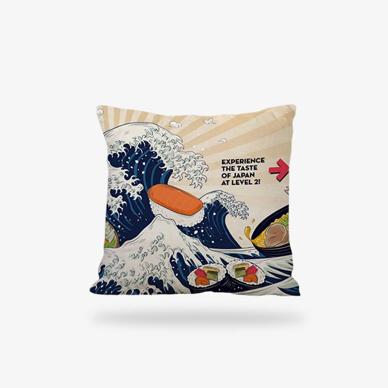 Une housse de coussin japonais avec un motif de sushi et la grande vague de kanagawa d'hokusai