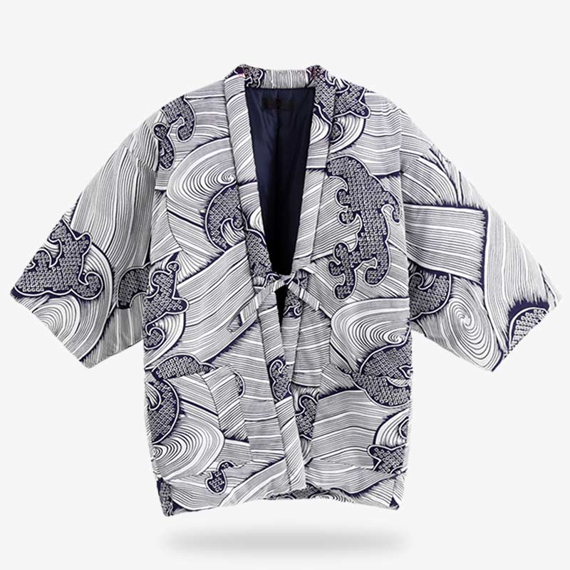 Le kimono hanten est une veste japonaise matelassé avec des motifs traditionnels nippons. Ce manteau japonais est de couleur gris clair