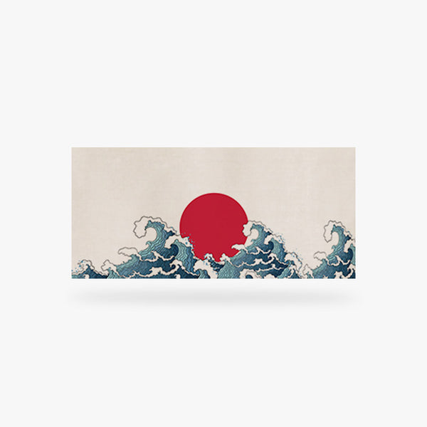 Ce petit noren rideau japonais est de couleur blanche. Le cercle rouge représent le cercle rouge du japon et les vagues, l'oeuvre d'hokusai avec sa grande vague de kanagawa