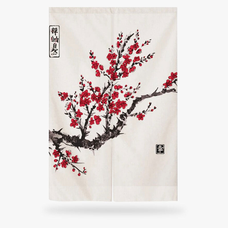 Ces rideaux style japonais sont des noren en coton avec des fleurs de cerisiers japonais Sakura