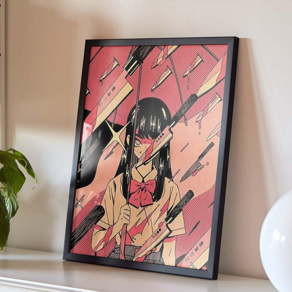 CE tableau deco manga japonais est une affiche de dessin d'etudiante entourée de couteaux japonais volants