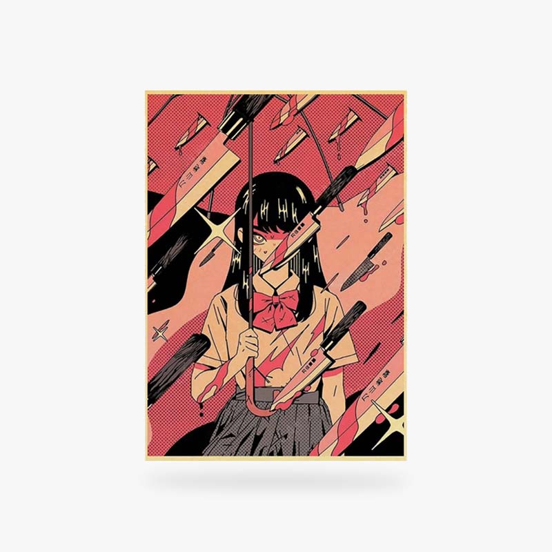 Sur ce tableau deco manga, une fille japonaise est dessiné avec des couteaux japonais. Tableau avec cadre en bois et matière papier canvas